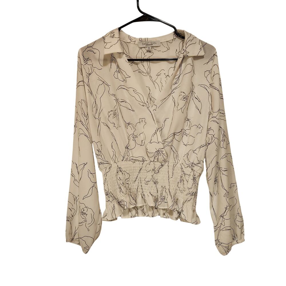 Sweet Rain Young Contemporary White Floral Long Sleeve Smocked Waist Blouse M